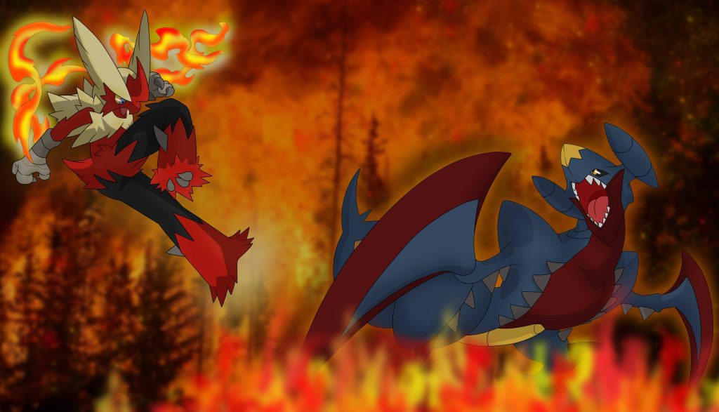 Mega Blaziken and Mega Garchomp battle amidst vibrant forest fire flames digital wallpaper