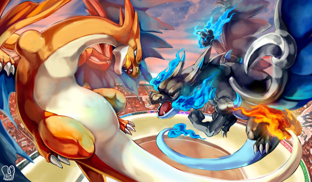 Mega Charizard Y orange and Mega Charizard X black blue flames epic battle stadium wallpaper