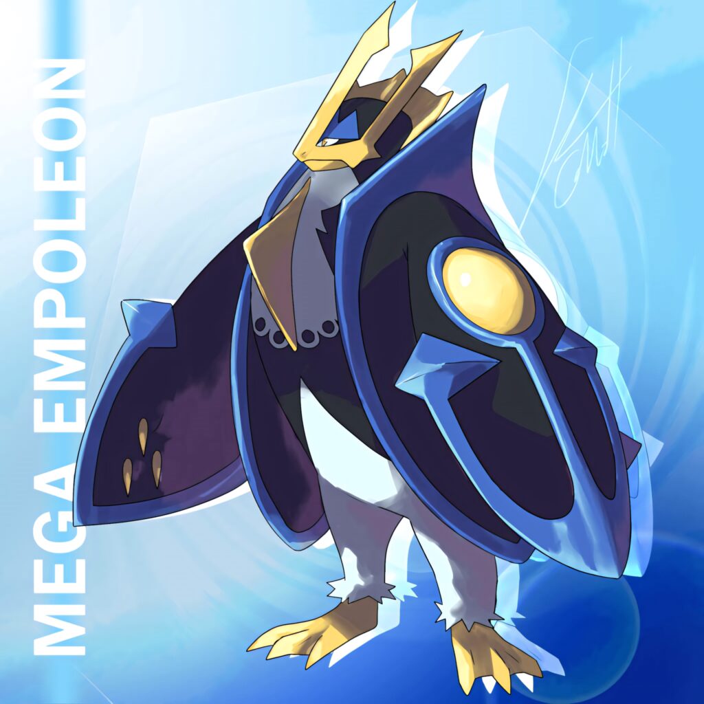 Alternate Mega Empoleon digital art with bold blue gold armor and futuristic regal background Wallpaper