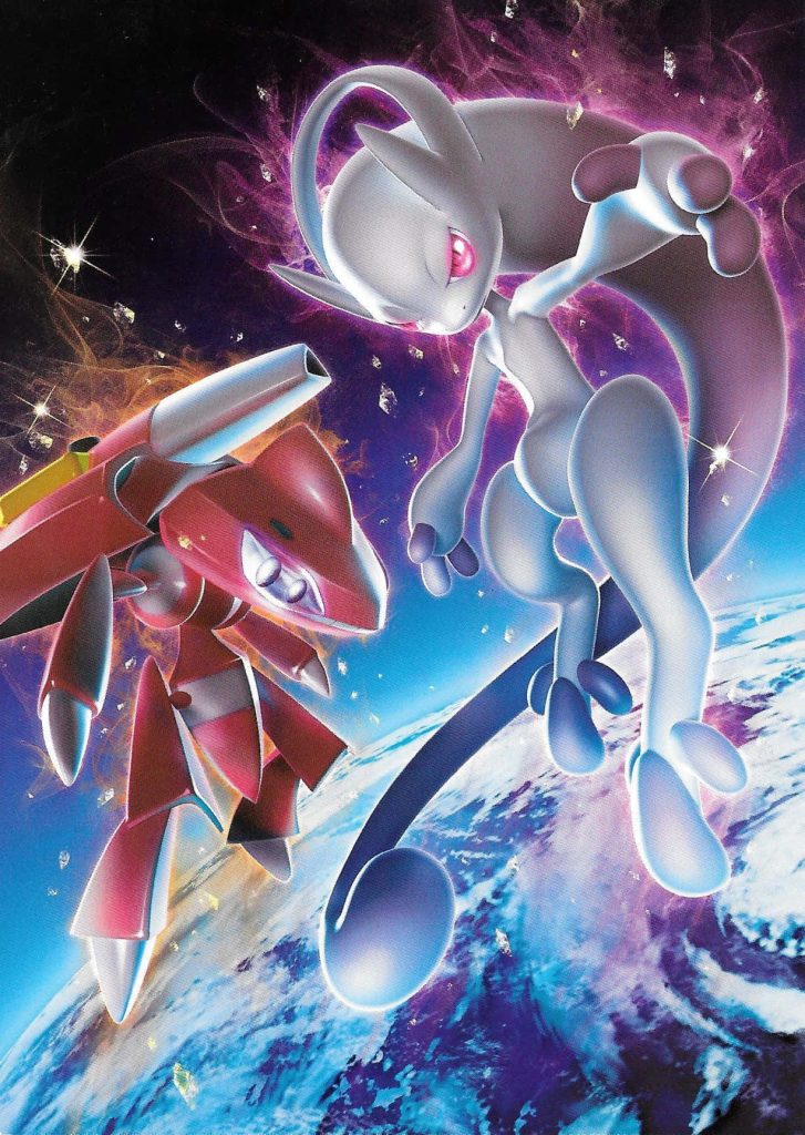 Mega Mewtwo Y and Genesect epic battle in vibrant purple galaxy with Earth space wallpaper background