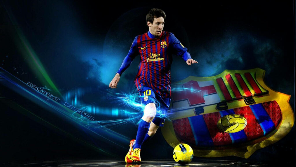 Electrifying Messi: A Powerful Shot Embracing Barcelona's Spirit Wallpaper