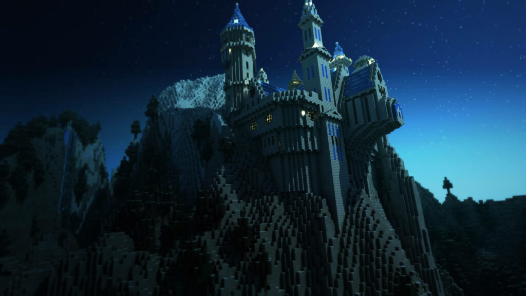 Minecraft castle on mountain under starry night sky in detailed 4K pixel art wallpaper