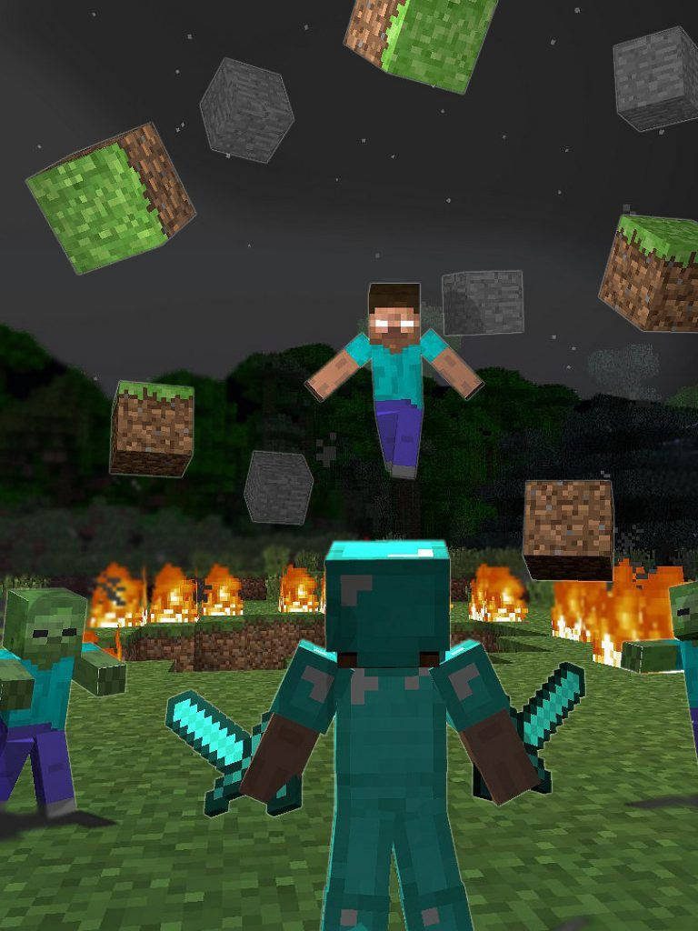 Minecraft Steve in diamond armor battles floating Herobrine with zombies in dark 3D scene Wallpaper
