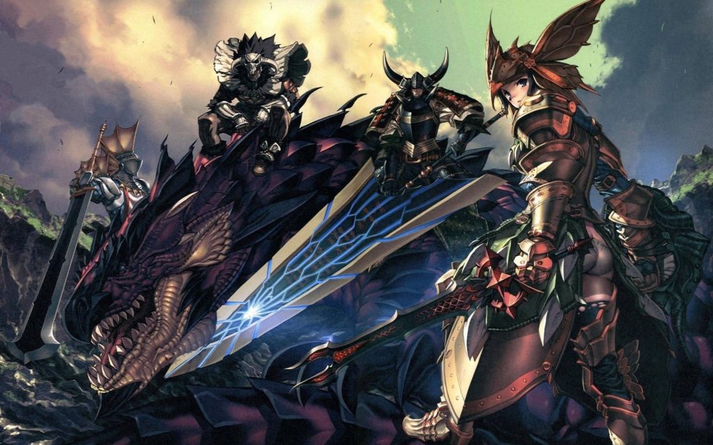 Elite Monster Hunter warriors in detailed armor ready to battle massive dark dragon wallpaper