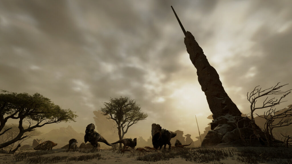Dynamic Monster Hunter Wilds Wallpaper: Prehistoric Landscape Art
