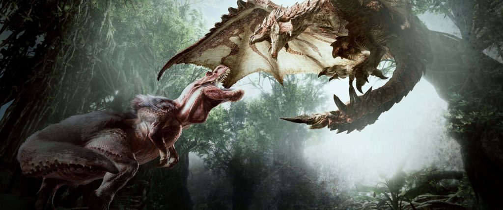 Anjanath battles Rathalos in Monster Hunter World Ancient Forest ultra-wide HD wallpaper background
