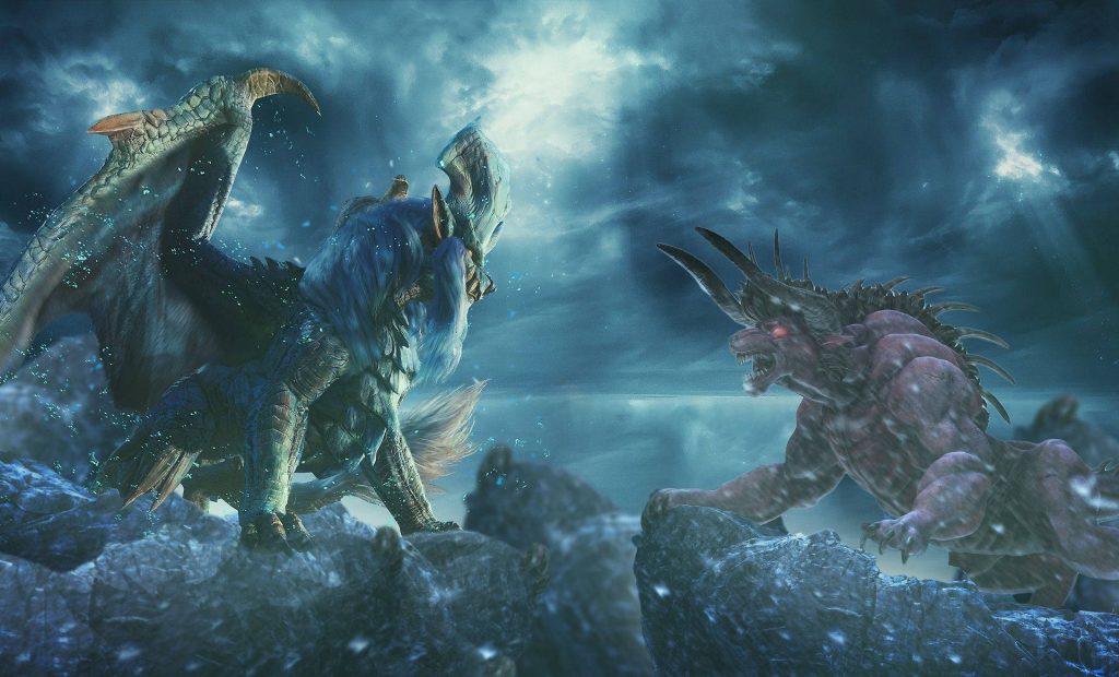 Epic Monster Hunter World wallpaper Lunastra battles Behemoth on stormy cliffs cinematic lighting