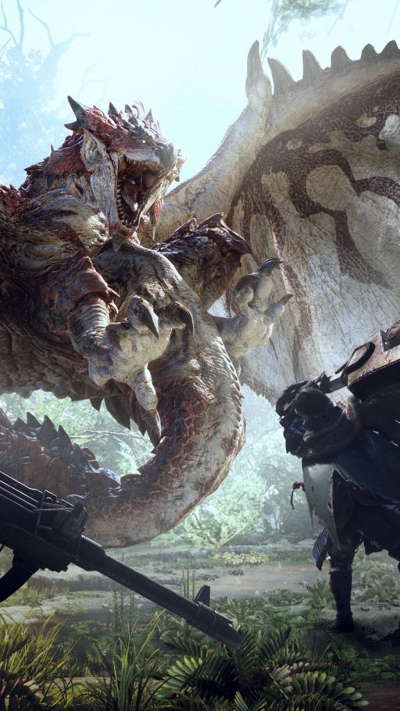Fierce Rathalos lunges at armored hunter in lush Ancient Forest Monster Hunter World wallpaper