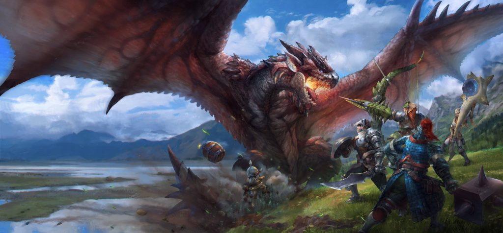Epic Monster Hunter World wallpaper with hunters battling fire-breathing Rathalos in lush landscape