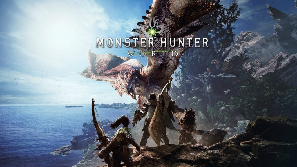 Epic Monster Hunter World wallpaper Rathalos flying over hunters on coastal cliff vibrant scene