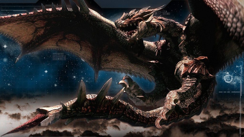 Epic Monster Hunter World wallpaper featuring fierce Rathalos under starry sky with digital HUD