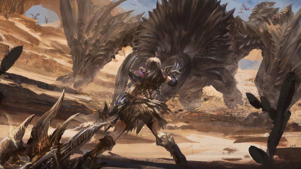 Female hunter faces massive Diablos in sunlit desert epic Monster Hunter World battle wallpaper