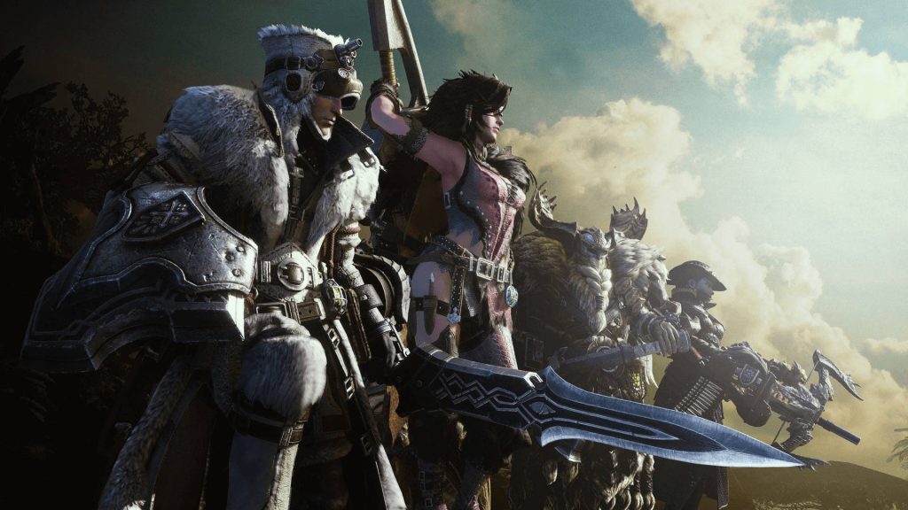 Monster Hunter World hunters in detailed armor ready for battle under epic dramatic sky wallpaper