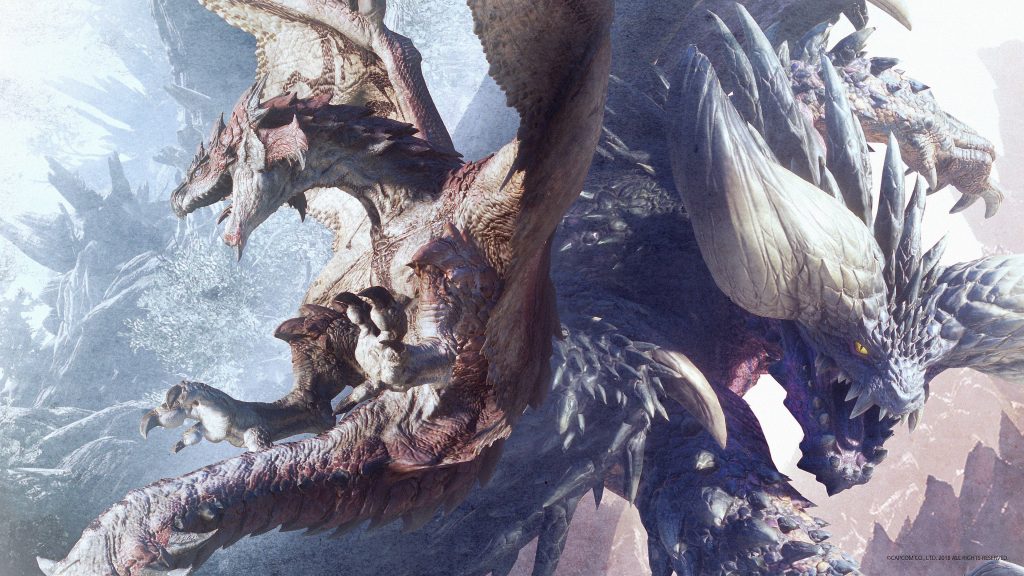Monster Hunter World wallpaper featuring Rathalos and Nergigante in fierce snowy aerial battle