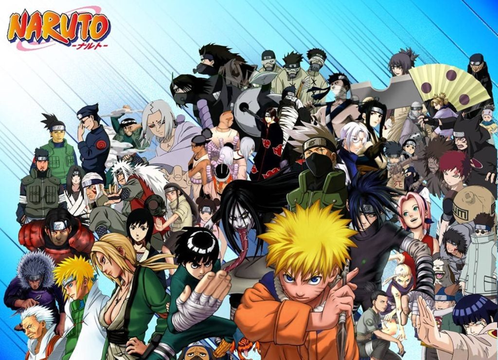 Naruto anime laptop wallpaper with Naruto Sasuke Sakura Kakashi Orochimaru dynamic montage