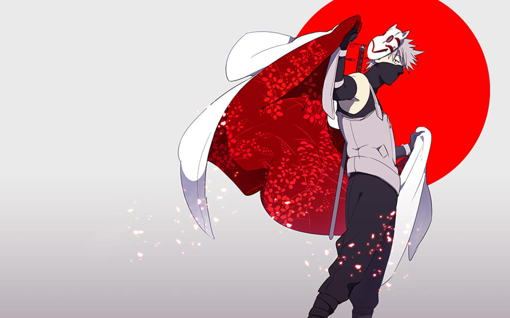 Kakashi Hatake: Embracing the Crimson Symbol - Naruto Kakashi Illustration with Bold Red Backdrop Wallpaper