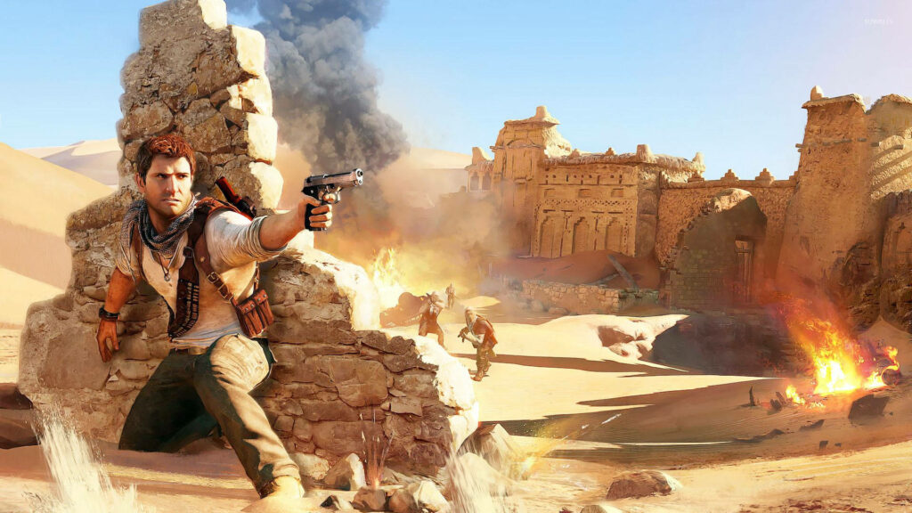 Epic Nathan Drake Wallpaper: Action in a Dramatic Desert Village