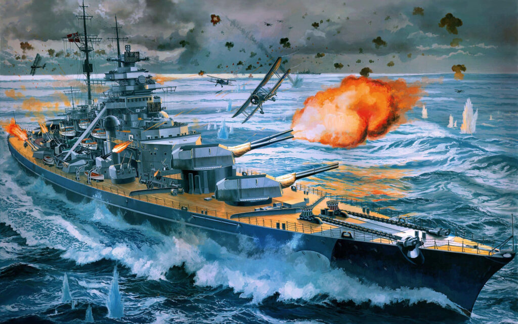 Warship firing cannons in intense naval battle with planes overhead and explosions at sea background Wallpaper