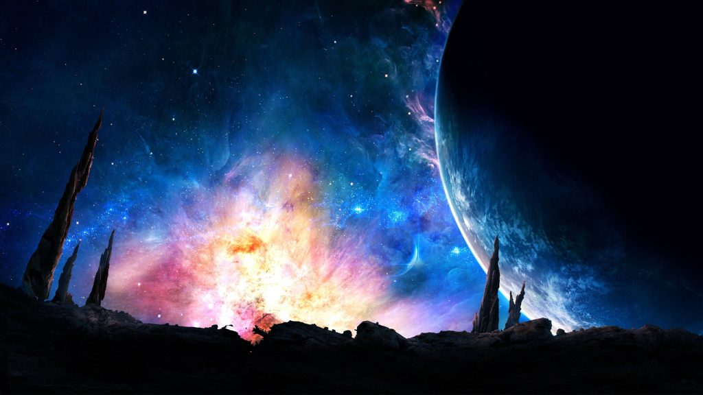 Epic outer space wallpaper with rocky alien terrain glowing blue planet and colorful nebula explosion