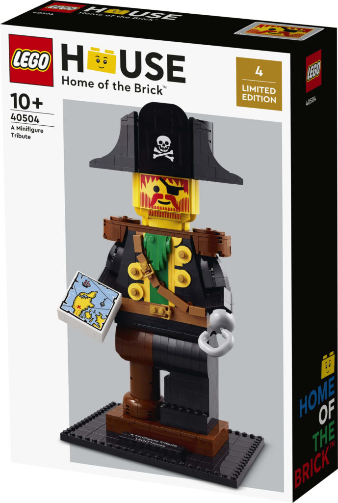 LEGO pirate minifigure tribute box with large brick figure holding map detailed wallpaper background
