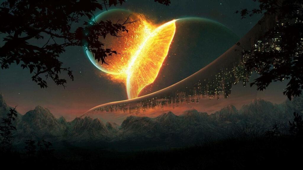 Stunning HD wallpaper of colliding planets with fiery explosion over a futuristic cityscape.