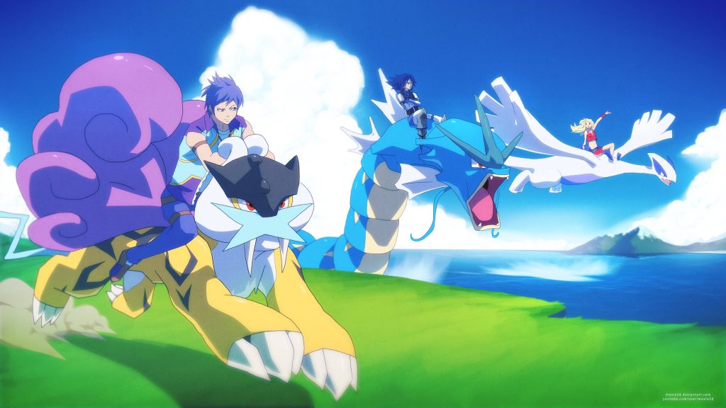 Anime trainers ride Raikou Gyarados Lugia across sunny coast vibrant Pokémon wallpaper background