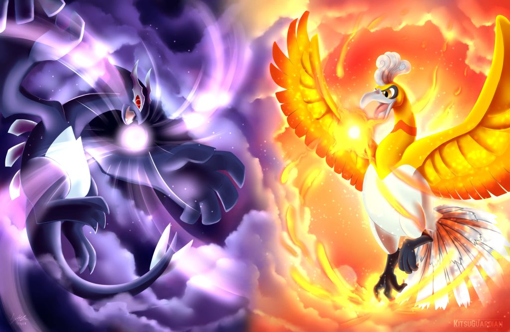 Epic Pokémon wallpaper showing Shadow Lugia facing Ho-Oh with stormy purple and fiery skies