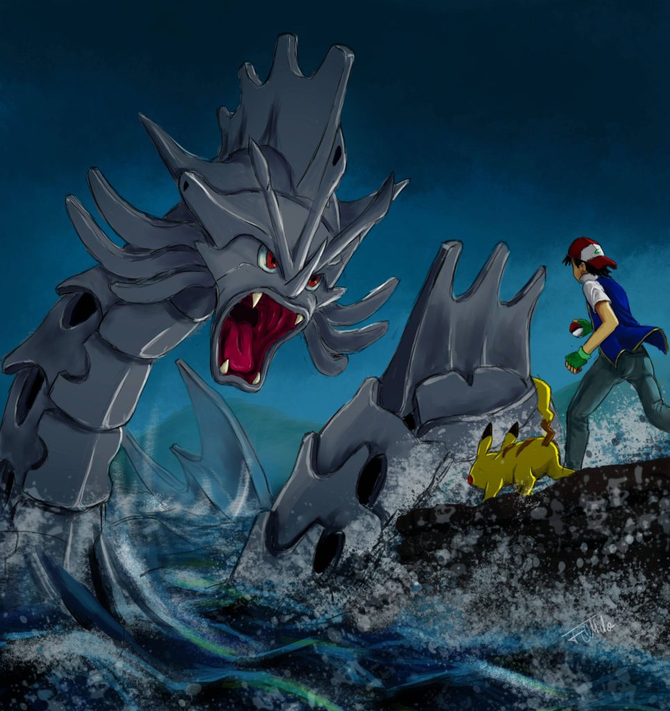 Ash Ketchum and Pikachu battle massive metallic Gyarados over turbulent deep blue ocean wallpaper