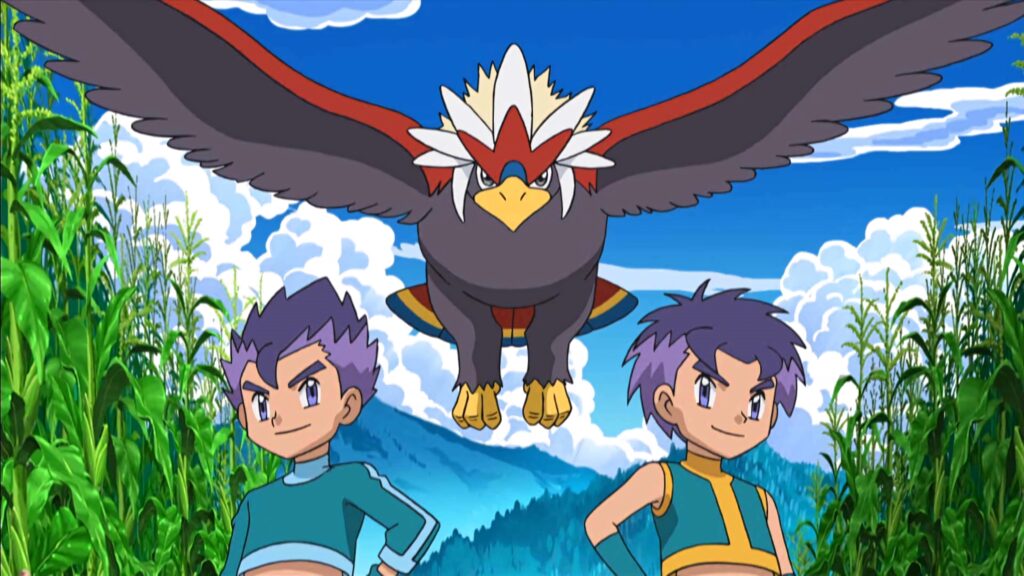 Dynamic Pokémon wallpaper twin trainers with majestic Braviary vibrant outdoor anime art background