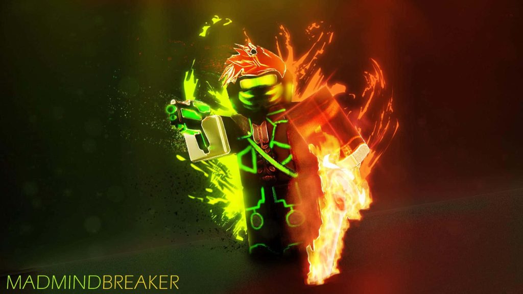 Epic Roblox GFX wallpaper with neon green tactical ninja split by flames dark vibrant background