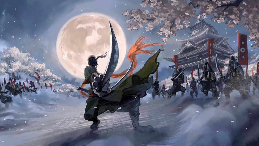 Roronoa Zoro One Piece combat pose digital art snow cherry blossoms Japanese castle full moon wallpaper