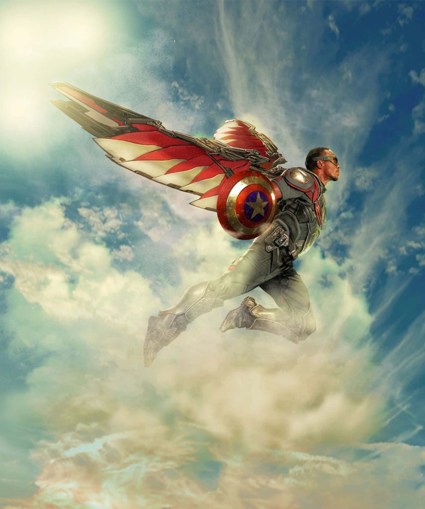 Sam Wilson Falcon flying with vibranium shield bright sky sunbeams Marvel superhero wallpaper