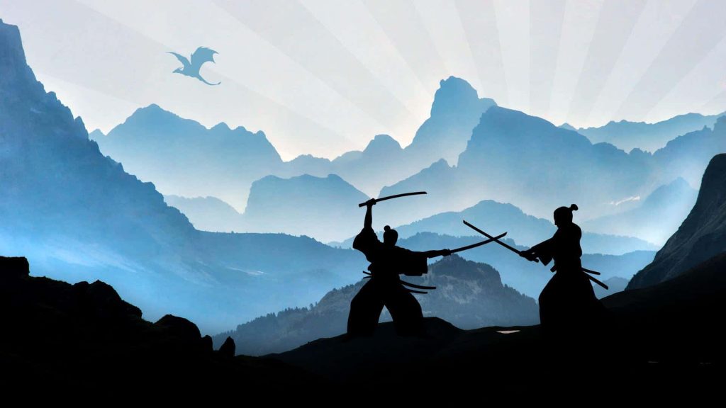 Silhouette of two samurai dueling with katanas against layered blue mountains and flying dragon Wallpaper