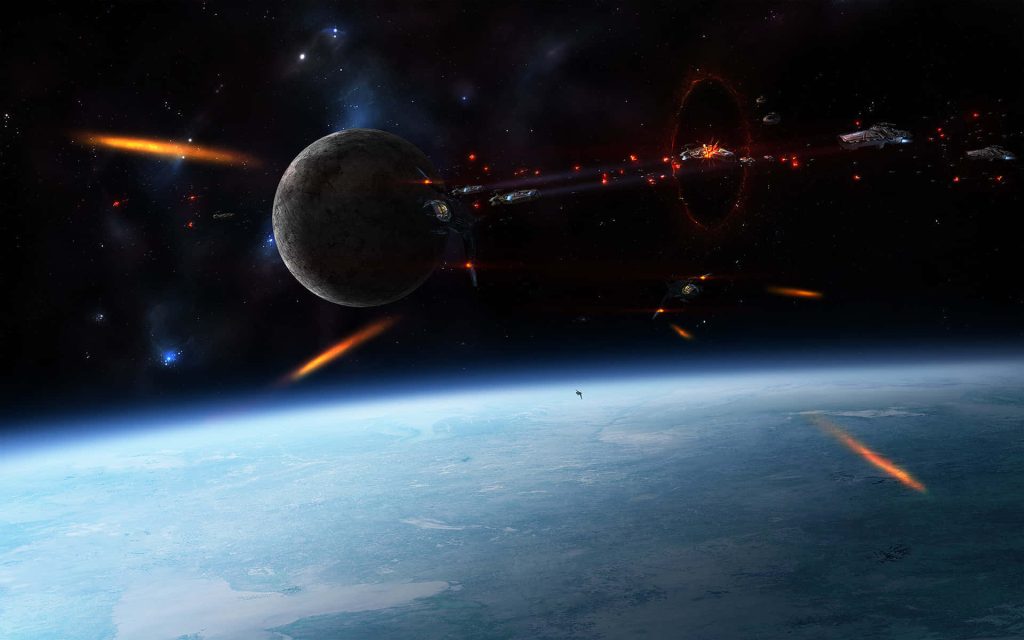 Epic sci-fi space battle with laser fire explosions near blue planet and cratered moon wallpaper