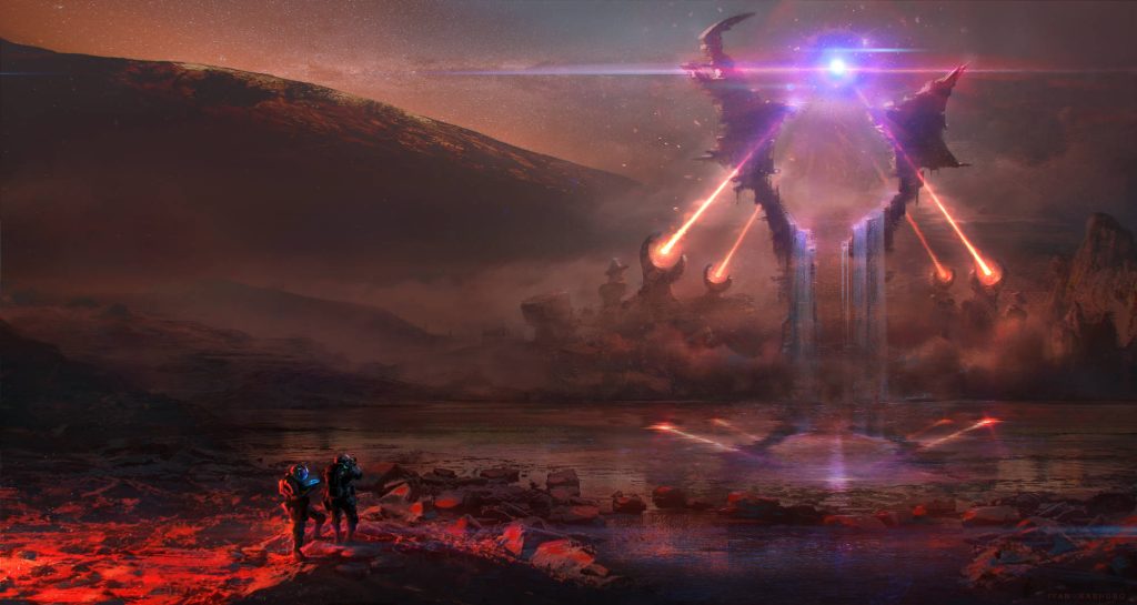 Two explorers view a glowing tower and waterfall on a desolate alien planet in sci-fi art Wallpaper
