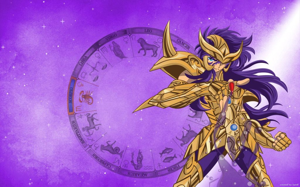 Scorpio Milo Saint Seiya wallpaper golden armor heroic pose purple nebula zodiac circle background
