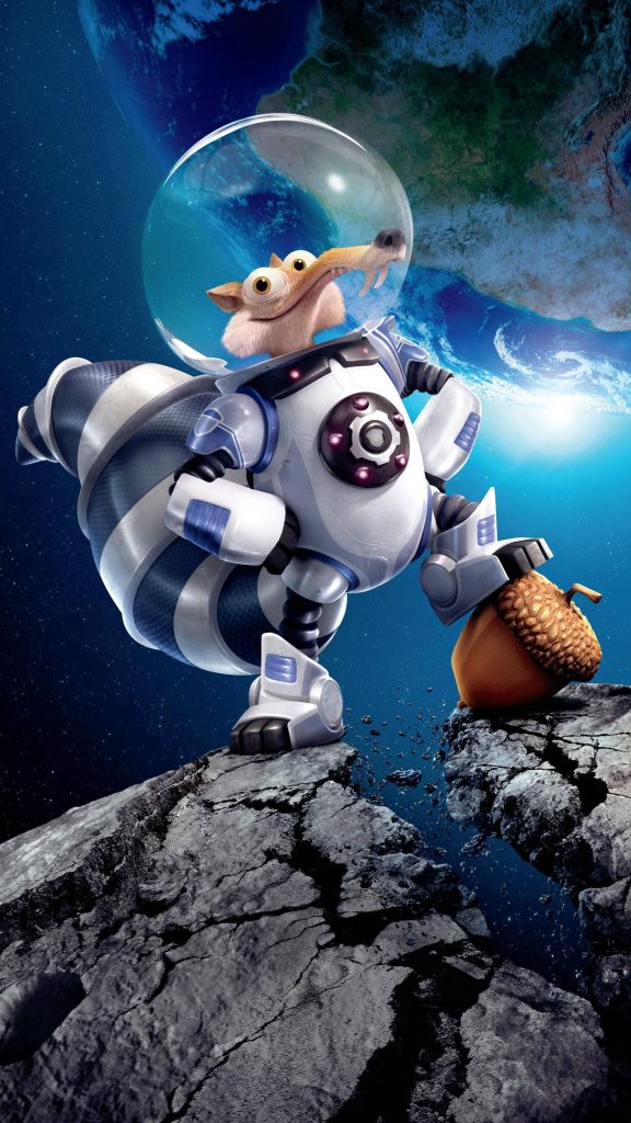 Scrat the Astronaut on rocky asteroid holding acorn cosmic backdrop Earth Ice Age wallpaper