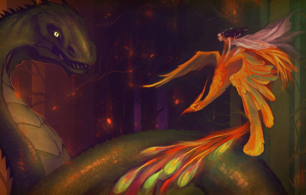 Green serpent dragon battles fiery phoenix with ethereal rider glowing in dark fantasy forest wallpaper