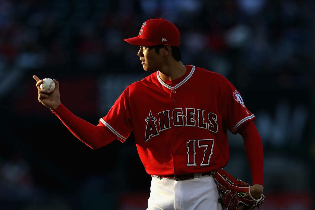 Cinematic Wallpaper of Shohei Ohtani in Angels Uniform at Focused Moment