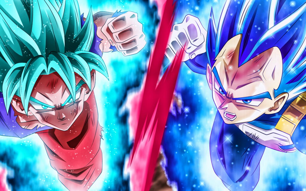 Clash of Super Saiyan Titans: Epic Battle between Goku and Vegeta - Dragon Ball Super Artwork Wallpaper