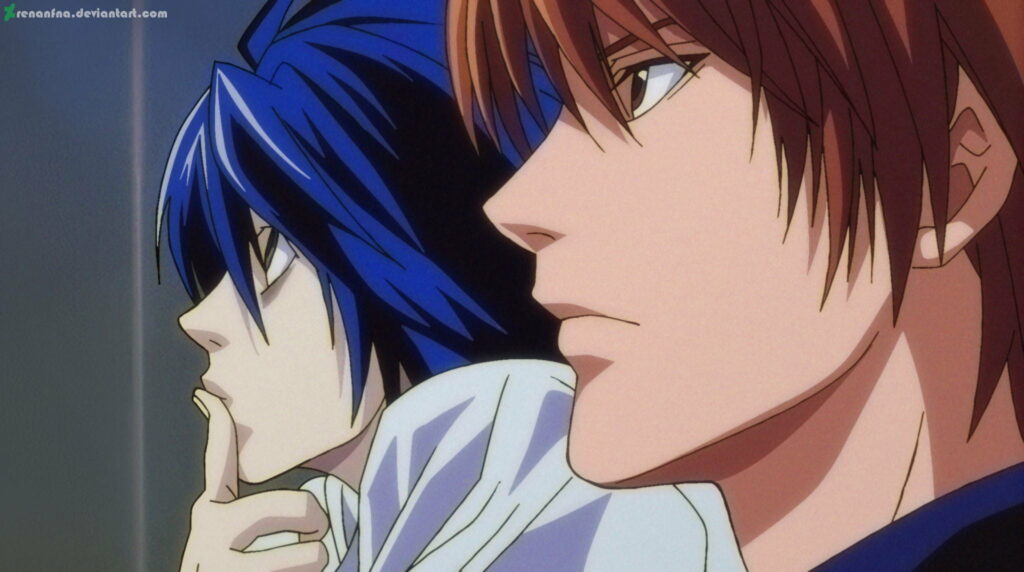 A Deadly Mind Game Unleashed: HD Anime Wallpaper Featuring L and Light Yagami from Death Note