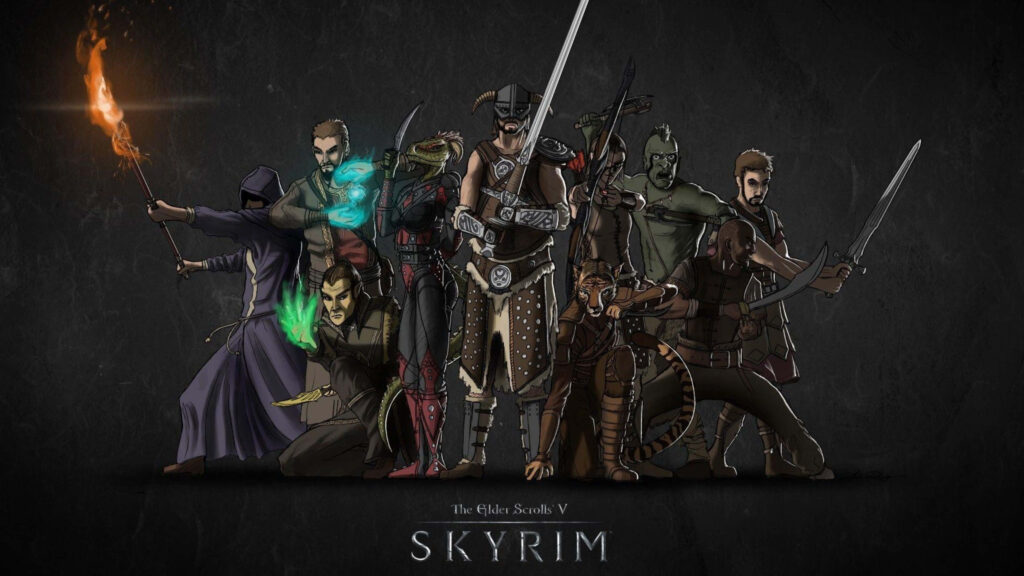 Dramatic Skyrim Characters Wallpaper: Fantasy Adventure Background