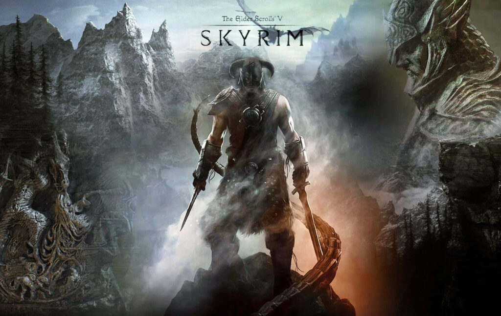 Epic Skyrim Wallpaper: Dragonborn in Misty Mountain Landscape
