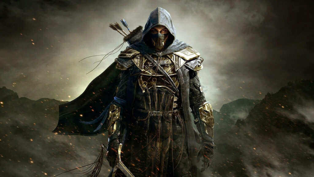 Epic Skyrim Wallpaper: Hooded Adventurer in Mystical Mountains