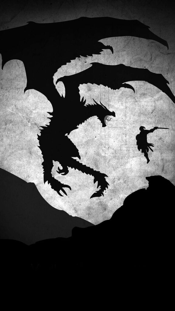 Epic Dragon Battle Wallpaper: Heroic Warrior in Skyrim Silhouette