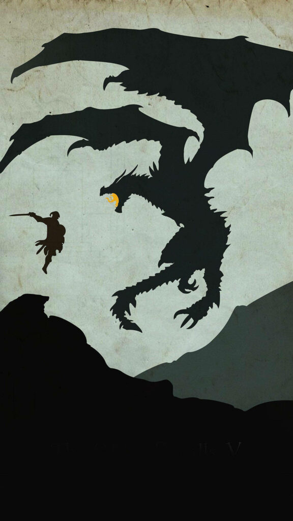 Epic Skyrim iPhone Wallpaper: Warrior vs Dragon Silhouette