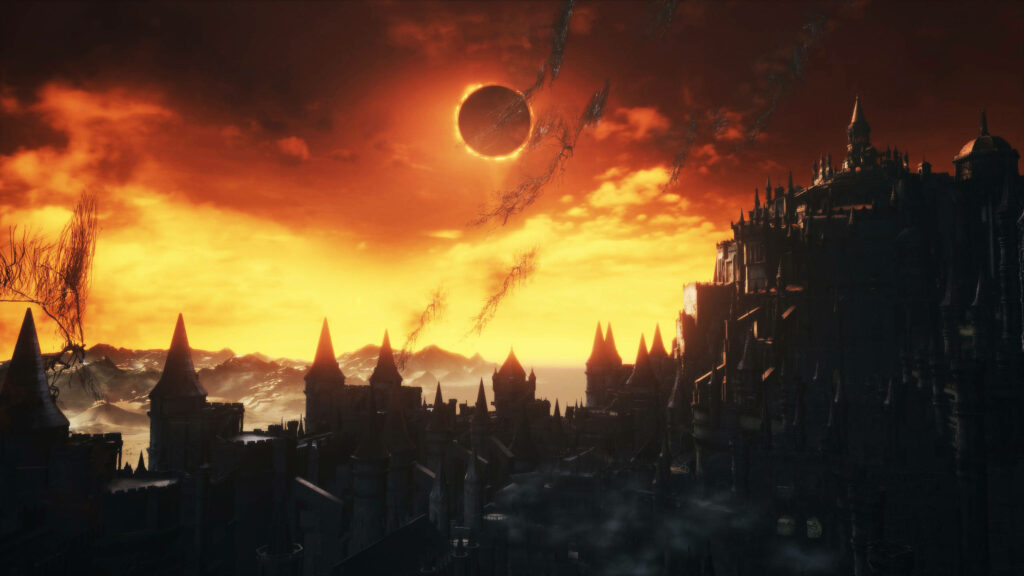Fantasy Town Solar Eclipse Wallpaper: Gothic Architecture in Fiery Sky