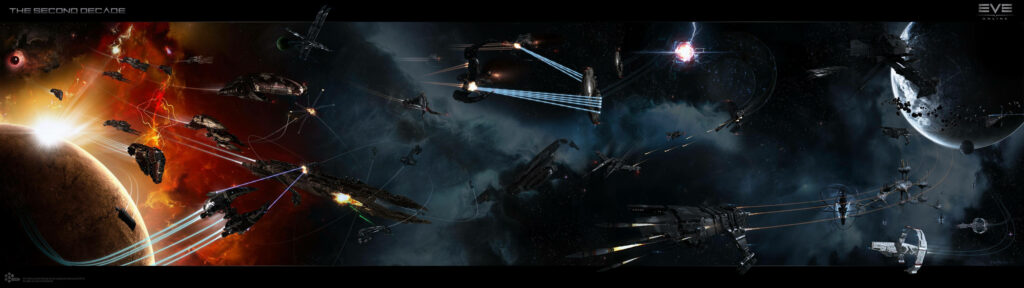 Intense Galactic Confrontation: Captivating Snapshot of Epic Spaceship Armada Engaged in Battle Wallpaper