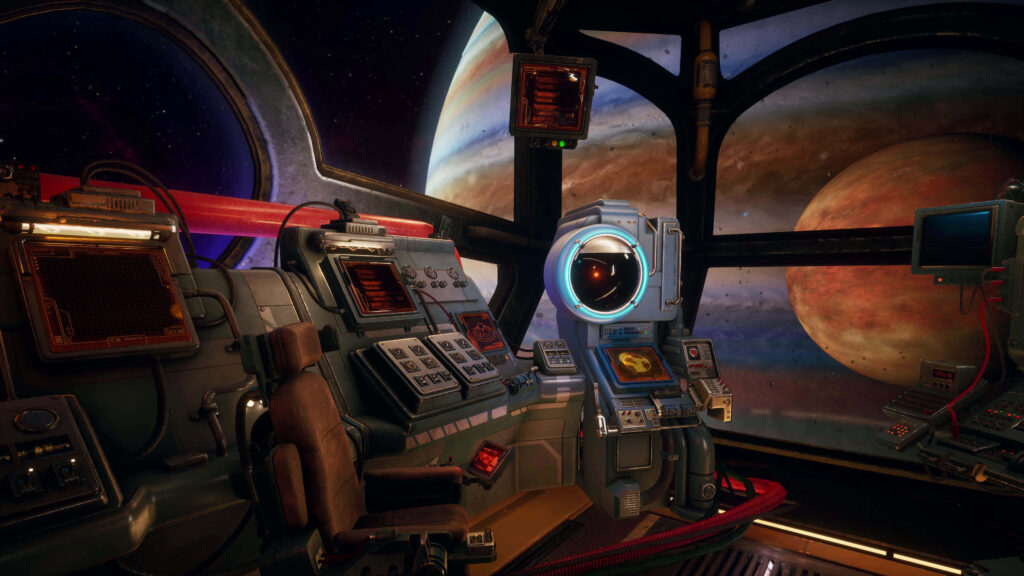 Spacecraft cockpit with high-tech controls and dual massive planets in vibrant cosmic view wallpaper