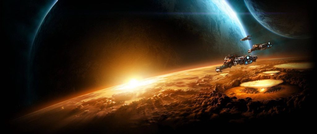 Epic sci-fi spaceship fleet flies past burning planet with explosions in deep space wallpaper